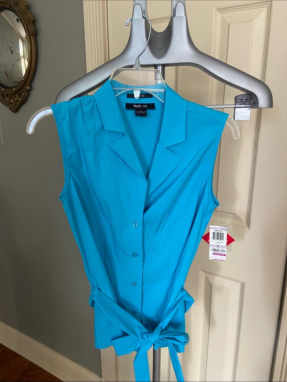 Style & Co. Sleeveless Button-Front Tie-Waist Top - Turquoise Size 6